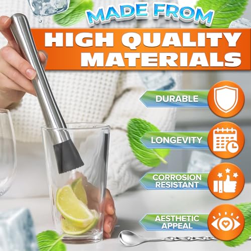 Stainless Steel Stir Spoon Muddler for Cocktails Set - Muddler Old Fashioned Cocktail Kit Ice Crusher Bar Spoon Cocktail M...