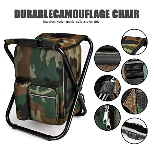 YESIACE Portable Hiking Camouflage Camping Stool, Folding Camping Chair Stool Backpack with Cooler Insulated Picnic Bag
