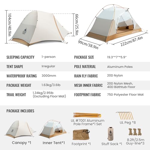 OneTigris Mona Ultralight 1 Person Tent, 3 Season Tent Waterproof for Camping Hiking Backpacking Trekking 3000mm Waterproof