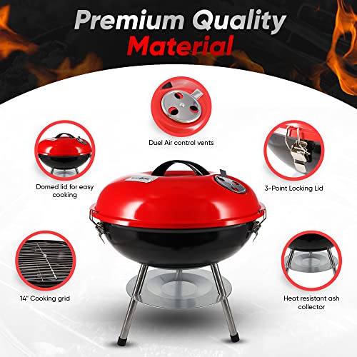 Gas One – 14-inch Portable Barbecue Grill with 3-Point Locking Lid for Heat Preservation – Dual Venting System – Small Cha...