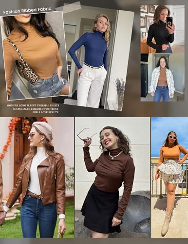 Ekouaer Women Turtleneck Shirt Long Sleeve Layer Tops Basic Ribbed Tees Soft Stretch Thermal Undershirts Lightweight Blouse