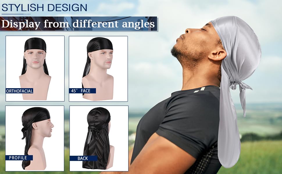 Fxhixiy Men Women Durag Extra Long-Tail Headwraps Silky Satin Pirate Cap Bandana Hat for 360 Waves Black