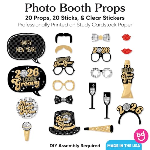 Big Dot of Happiness Disco Ball 2026 New Year Photo Booth Props, NYE Party Photo Props Kit, 2026 New Years Glasses, New Ye...