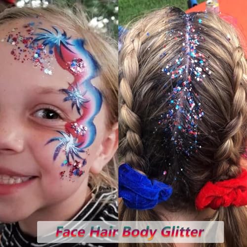 Red White and Blue Body Glitter,Patriotic Pride Hair Glitter for Kids,4th of July Accessories Outfits for Women Face Glitt...
