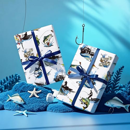 WRAPAHOLIC Fishing Wrapping Paper - Mini Roll - 17 Inch x 16.5 Feet - Adventure Fishing Birthday Wrapping Paper Perfect fo...