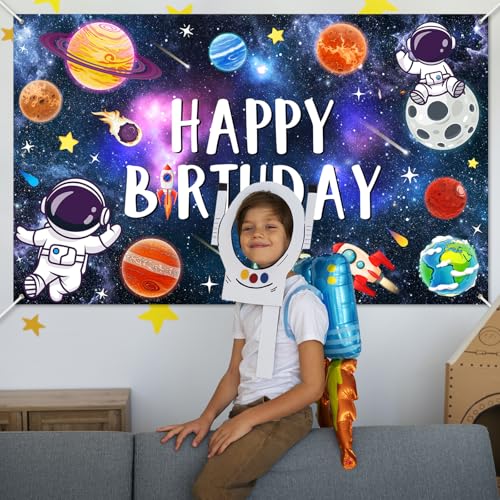 Mocsicka Space Happy Birthday Decorations Backdrop Astronaut Rocket Banner Solar System Planets Space Boys Birthday Party ...