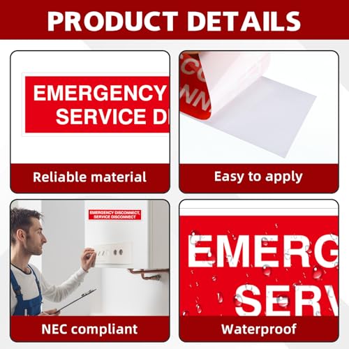 YooNotee 5 Pcs NEC Compliant Emergency Disconnect Sticker, 1-3/4 x 9 Inch Vinyl Emergency Service Shut off Sign Notice Dan...