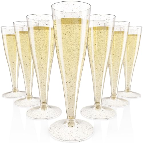JOLLY CHEF 100 Pack Plastic Champagne Flutes Disposable 4.5 oz Gold Glitter Plastic Champagne Glasses for Wedding, Thanksg...