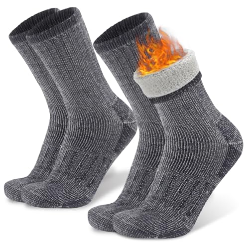 2 Pack Warm Thick Thermal Merino Wool Blend Hiking Socks for Men Women Thick Cushioned Crew Boot Socks for Winter Cold