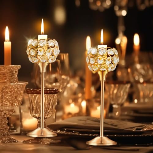 Crystal Metal Tealight Candlestick, Bling Bowl Candelabras, Tall Crystal Candle Holders Elegant Candle Centerpiece for Din...