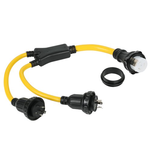 NEMA (2) L5-30P to SS2-50R Shore Power Splitter, ZDHQLHJ 30A L5-30P Male Plug to Marine 50A SS2-50R Female Connector with Locking Ring, RV Generator Marine Shore Power Cord Adapter