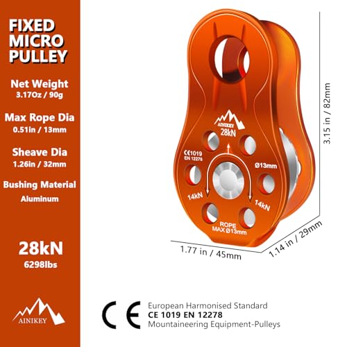 AINIKEY Fixed Plate Micro Pulley, 28KN CE Certified General Purpose Small Aluminum Rope Pulleys Slack Tender for Hauling/R...