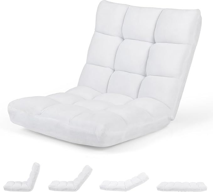 MAT EXPERT 14-Position Floor Chair, Floor Gaming Chair w/Soft Coral Fleece, Alloy Steel Frame, Padded Lazy Couch Recliner, Floor Chair w/Back Support for Reading, Meditating (White)