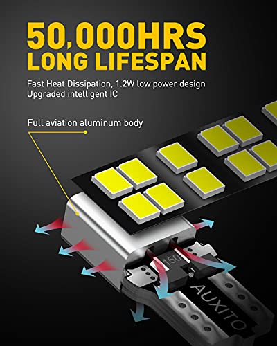 AUXITO 194 LED Bulb 6000K White 168 2825 W5W T10 Wedge 14-SMD Interior Car Bulbs Replacement for Dome Map Door Courtesy Tr...