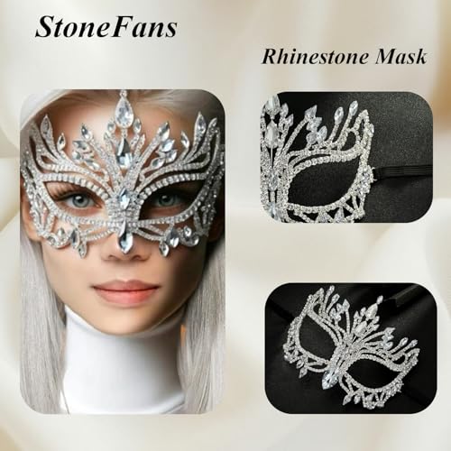 STONEFANS Rhinestone Masquerade Mask Full Face Jewelry for Women Mardi Gras Mask Crystal Face Chain Jewelry