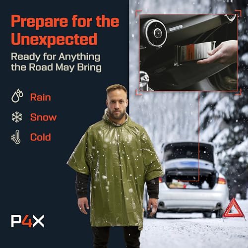 PREPARED4X Emergency Poncho and Mylar Blanket Liner - Waterproof, Wind-Resistant Outdoor Rain Poncho for Camping, Emergencies