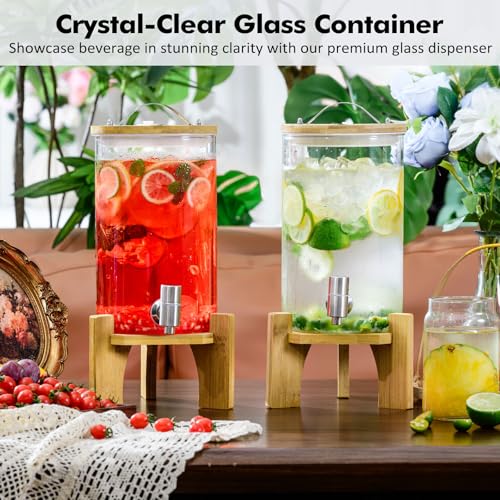1.2 Gallon Large Glass Drink Dispenser For Parties, Beverage Dispenser with Bamboo Wood Stand and Stainless Steel Spigot, ...