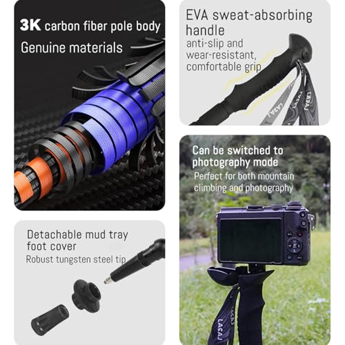 2-in-1 Carbon Fiber Trekking Poles Telescopic Adjustable Hiking Sticks Lightweight Walking Sticks Camera Monopod with 1/4"...