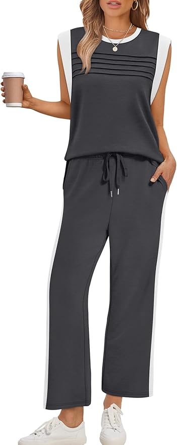 WIHOLL 2 Piece Sets for Women Summer Lounge Sets Travel Vacation Outfits Cap Sleeve Sweatsuit Side Slit Wide Leg Pants S-3XL