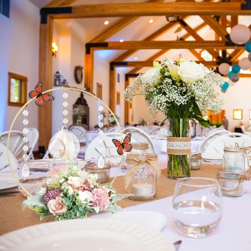 Leinuosen 12 Pack 12'' Metal Floral Hoop Centerpieces Set with Wooden Stand, Hanging Candle Holder, Acrylic Crystal Pendan...