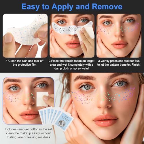 18pcs Holographic Multicolor Glitter Freckles Face Tattoo Waterproof Sparkle Freckle Temporary Tattoo Rainbow Pride Makeup...
