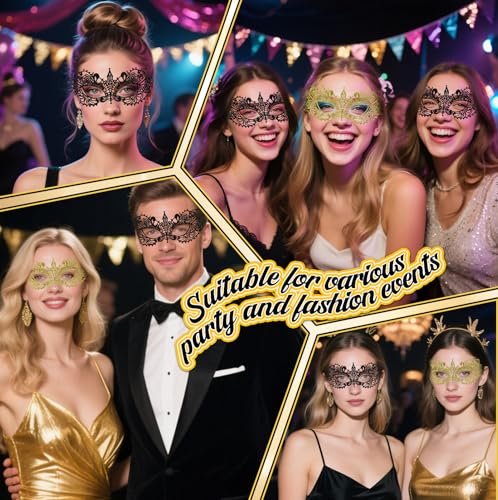 UV-BANS Masquerade Mask for Women - 2 Pcs Lace Black & Gold Masquerade Mask for Women Halloween Costume, Carnival, Mardi G...
