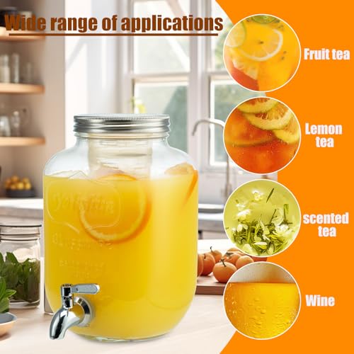 1 Gallon Glass Drink Dispensers for Parties, 2PACK Beverage Dispenser with Stand, Ice Cylinder and Stainless Steel Spigot ...