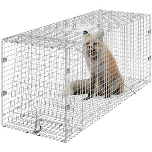 VEVOR Live Animal Cage Trap, 42" x 16" x 18" Humane Cat Trap Galvanized Iron, Folding Animal Trap Cage with Handle for Stray Dogs, Armadillos, Raccoons, Foxes