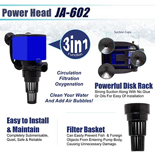Aqua Dream 320 GPH Aquarium Pump & Fish Tank Filter, Submersible Water Pump 3-in-1 Quiet Circulation Oxygenation - 20W 120...