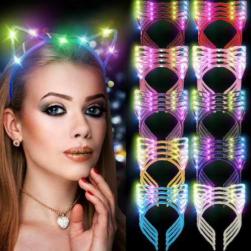 WILLBOND 40 Pcs LED Cat Ears Headband Cute Glow Light up Cat Headband Kitty Ears for Women Lady Festival Birthday Party