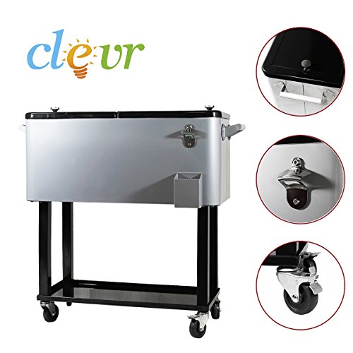 80 Quart Qt Rolling Cooler Ice Chest for Outdoor Patio Deck Party, Grey, Portable Party Bar Cold Drink Beverage Cart Tub, ...