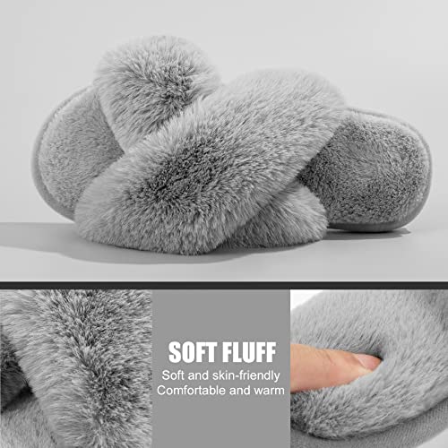 Metog Women's Fuzzy Cross Band Indoor/Outdoor Soft Open Toe Slippers