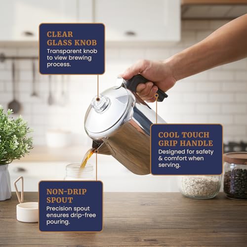 Elite Gourmet EC008 Classic Stovetop Coffee Percolator, Glass Clear Brew Progress Knob, Cool-Touch Handle, Cordless Serve,...