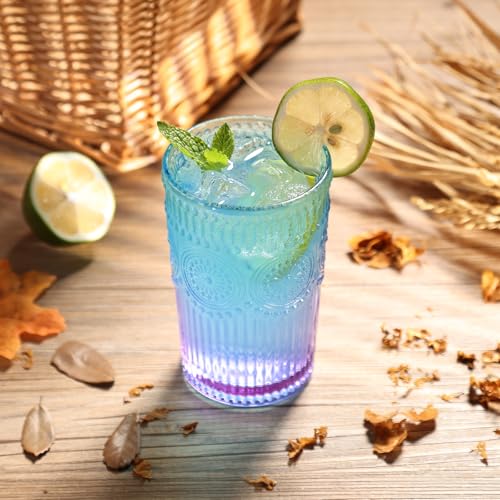 Loivttvv 6pcs Vintage Drinking Glasses Set, 12 oz Glass Cups, Embossed Ribbed Glassware Drinking Glasses for Cocktail, Wat...