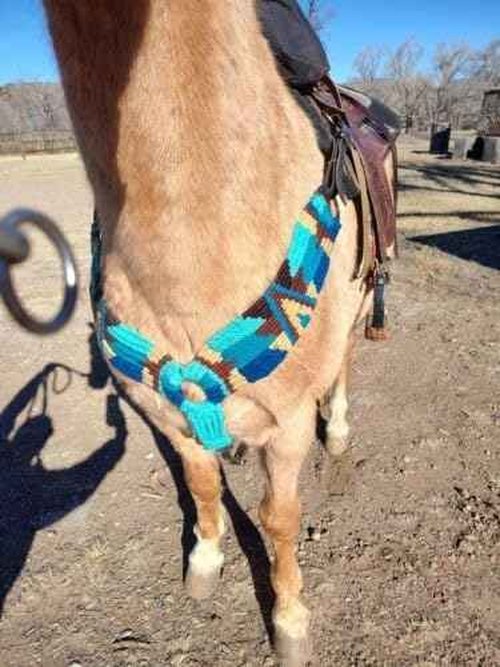 Cheval's International Western Mohair Horse Breast Collar, Handmade Premium Wool & Leather Equestrian Tack, Adjustable, Durable & Comfortable Saddle Breastplate for Horses - Aqua & Pink, Full