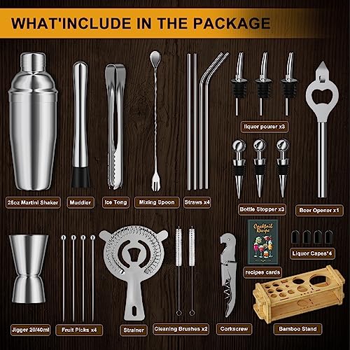30pcs Mixology Bartender Kit with Stand, Secilla 25oz Bar Set Cocktail Shaker Set, Professional Bartending Kit Home Bar To...