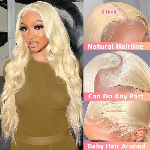 613 13x6 Lace Front Wig Human Hair 200 Density HD Body Wave Blonde Lace Front Pre Plucked Lace Frontal Wig, 24-Inch