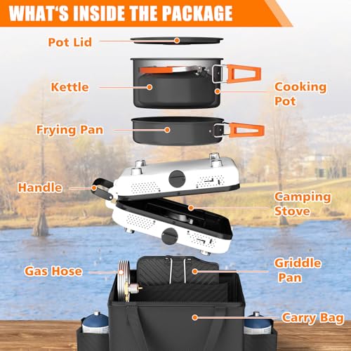Hisencn Camping Stove,2 Burner Propane Stove,20000 BTU/h Camping Cooking set Includes Frying Pan,Kettle and Pot,Adjustable...