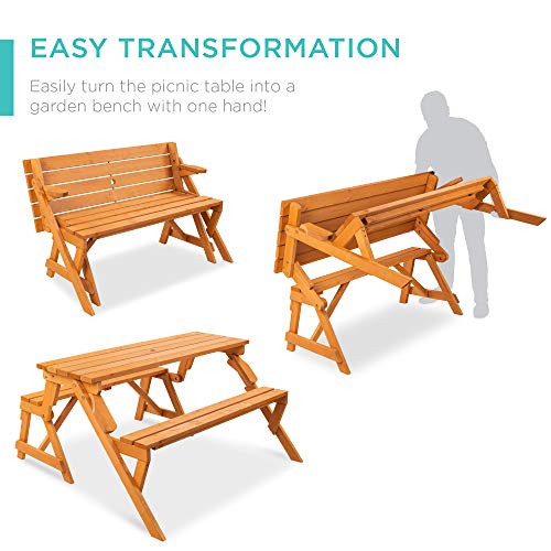 Best Choice Products 2-in-1 Transforming Interchangeable Outdoor Wooden Picnic Table Garden Bench for Backyard, Porch, Pat...