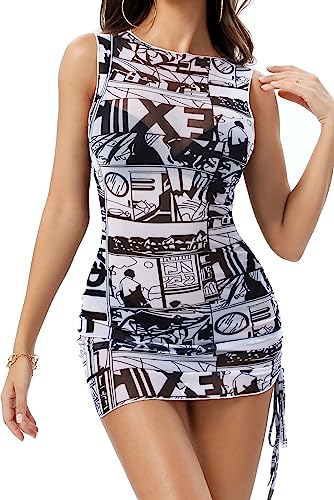 ABMOIU Sexy Mini Print Mesh Dress for Women, See Through Sleeveless Stretchy Bodycon Short Summer Dresses