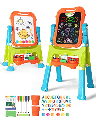 Lehoo Castle Easel for Kids, 4 in 1 Double Sided Kids Art Easel with Magnetic White Board & Chalk Board, Adjustable Standi...