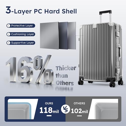 ALPHA CAMP 24 Inch Check-in Luggage, Dual Layer Aluminum Frame Luggage with TSA Locks, 3-Layer PC Hard Shell Zipperless Li...