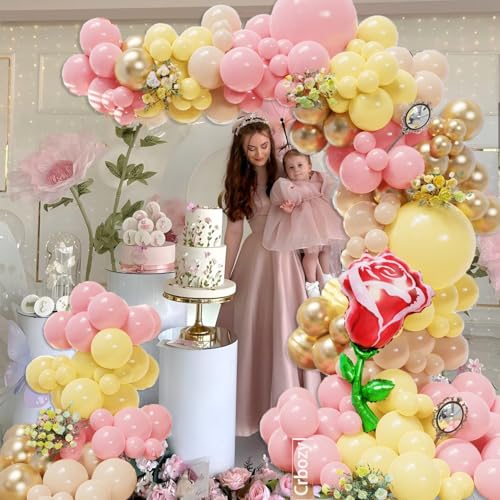 142Pcs Pink and Yellow Balloon Arch Kit, Pastel Pink Yellow Light Brown Metallic Gold Balloons with Red Rose Foil Balloon ...
