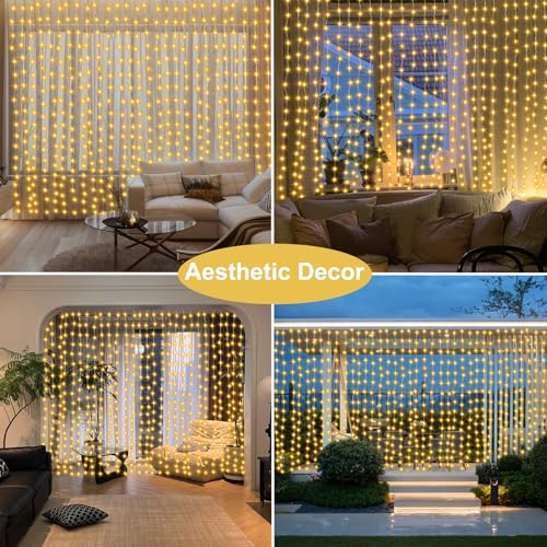 echosari 300 LED Curtain Lights, 9.8Ft x 9.8Ft USB Plug in Christmas Fairy Curtain Lights with Remote, Hanging String Ligh...