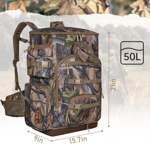 OUUTMEE Hunting Backpack with Waterproof Rain Cover, Self Standing Hard Bottom, 50L Camo Hunting Day Pack for Bow Rifle Gun