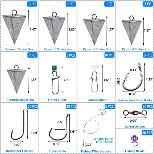 Surf Fishing Tackle Kit, 130pcs Saltwater Surf Fishing Rigs Fish Finder Rig Live Bait Rigs Include Fishing Leaders Pyramid...
