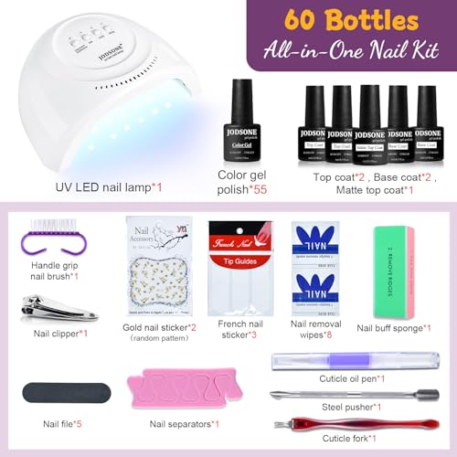 JODSONE Gel Nail Polish Kit 60 PCS with U V Light Soak off Base Top Coat 55 Shine Colors Gel Nail Kit Bright and Dark Brow...