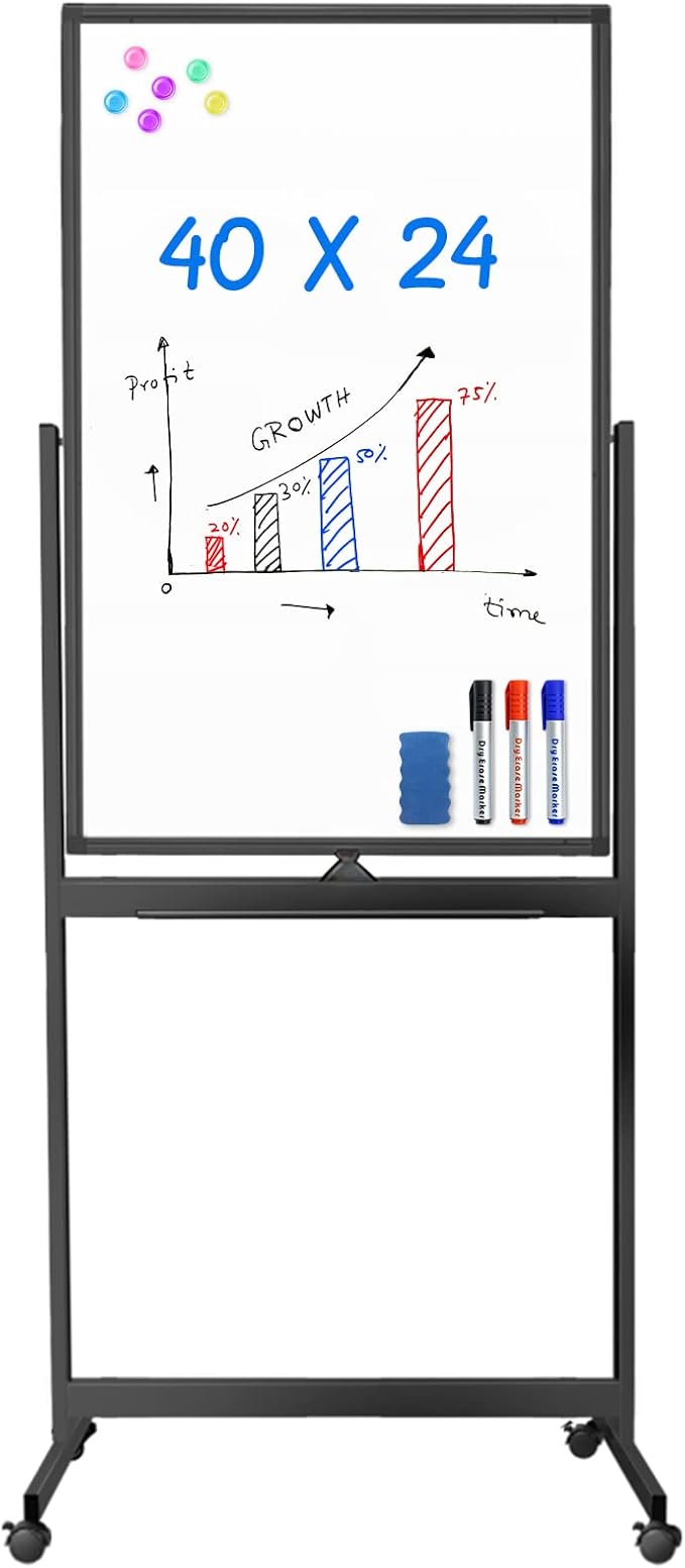 maxtek Magnetic Mobile White Board, 40 x 24 Double Sided Dry Erase Board Rolling Whiteboard, Aluminum Frame Standing White...