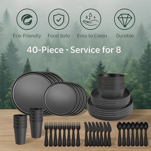 40-Piece RV Camping Dinnerware Set (Service for 8), Microwave Safe Plates and Bowls Set with Cutlery, Lightweight & Unbrea...