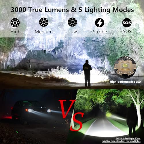SKYFIRE Rechargeable Flashlights High Lumens: LED Super Bright Flashlight 3000lm Zoomable 5 Modes Tactical Waterproof Powe...